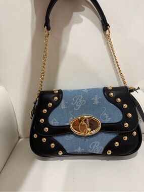 Designer-style Blue Denim and Black Studded Shoulder Bag with Gold Hardware